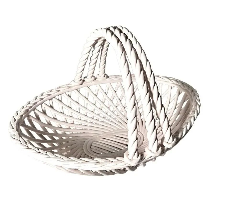 Italian White Porcelain Woven Rope Double Handle Gathering Basket Luxury Decor
